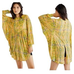 Free People‎ This Is It Tunic Sun Faded Printed Billowy Boho Kimono Top Size XS